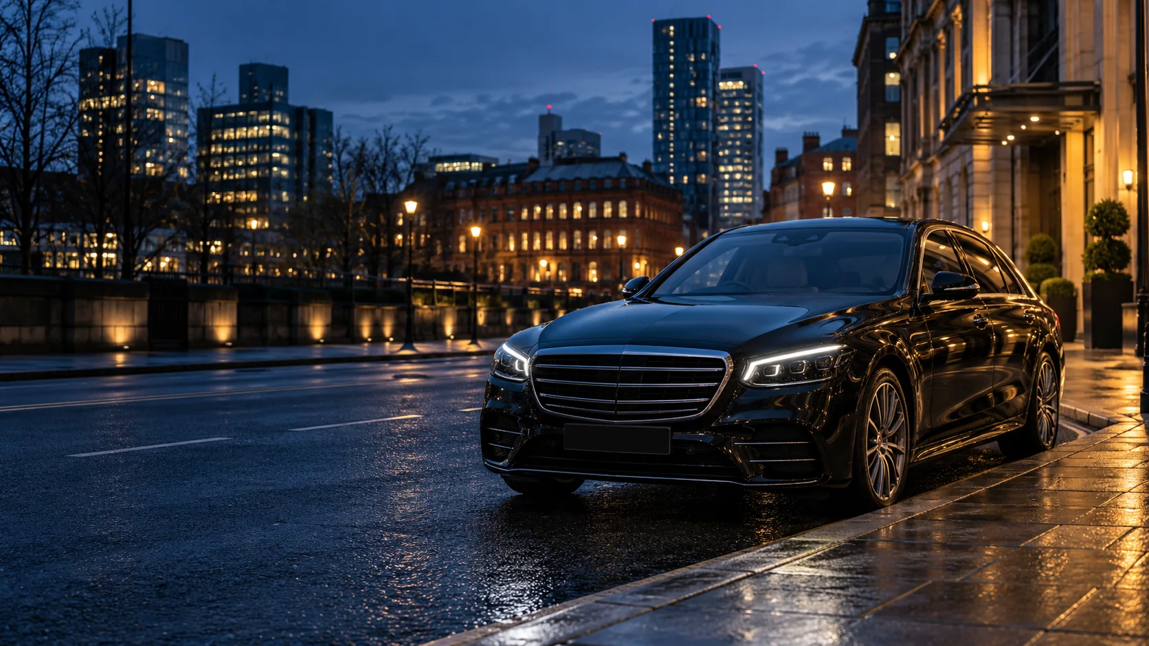 Black executive saloon on a Manchester city street at blue hour